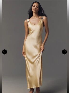Anthropologie Gold Satin Slip Dress with Embellished Straps